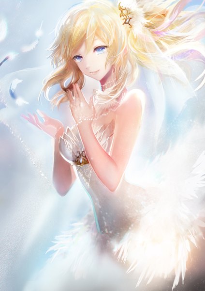 Anime picture 900x1274 with love live! school idol project sunrise (studio) love live! ayase eli juexing (moemoe3345) single long hair tall image looking at viewer fringe blue eyes blonde hair bare shoulders ponytail light girl dress hair ornament bracelet white dress