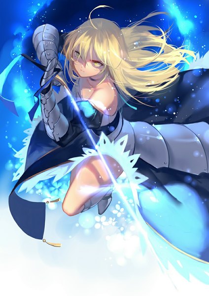 Anime picture 800x1131 with fate (series) fate/stay night type-moon artoria pendragon (all) saber joseph lee single long hair tall image blonde hair yellow eyes glowing girl gloves weapon sword armor armored dress