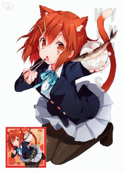 Anime picture 2189x3020 with k-on! kyoto animation hirasawa yui cuteg single tall image looking at viewer blush highres short hair open mouth simple background red eyes white background animal ears red hair tail animal tail cat ears scan