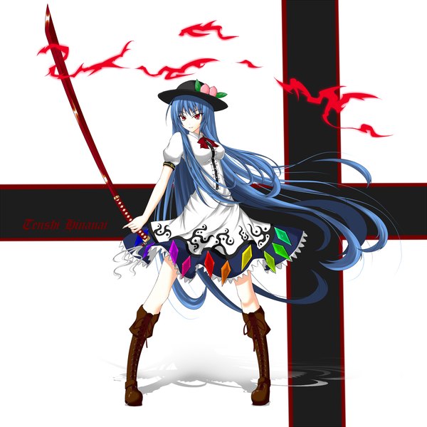 Anime picture 2000x2000 with touhou hinanawi tenshi gmot single long hair highres red eyes blue hair inscription girl dress weapon hat sword boots katana
