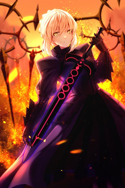 Anime picture 3060x4611 with fate (series) fate/grand order artoria pendragon (all) saber alter vgng7854 single tall image looking at viewer fringe highres short hair blonde hair hair between eyes holding yellow eyes payot absurdres parted lips glowing weapon girl