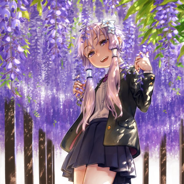 Anime picture 1000x1000 with vocaloid voiceroid yuzuki yukari kawazu single long hair looking at viewer blush fringe open mouth smile purple eyes twintails purple hair outdoors long sleeves head tilt :d pleated skirt hair flower