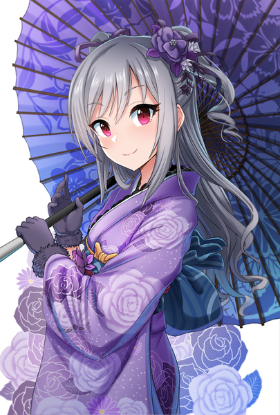 Anime picture 1181x1748 with idolmaster idolmaster cinderella girls idolmaster cinderella girls starlight stage kanzaki ranko kitiku single long hair tall image looking at viewer fringe holding upper body long sleeves traditional clothes japanese clothes pink eyes hair flower grey hair wide sleeves two side up
