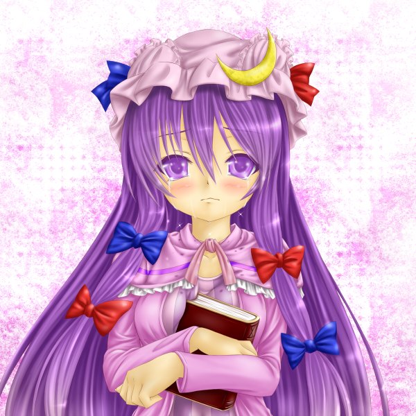 Anime picture 1200x1200 with touhou patchouli knowledge libus (artist) single long hair blush purple eyes purple hair tears girl bow book (books) cap