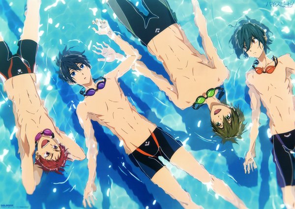 Anime picture 4231x3000 with free! high speed! kyoto animation nanase haruka (free!) tachibana makoto kirishima ikuya shiina asahi maruko tatsunari fringe highres short hair blue eyes black hair hair between eyes red eyes brown hair green eyes looking away absurdres red hair