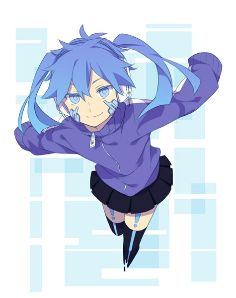 Anime picture 804x1015 with kagerou project shaft (studio) ene (kagerou project) sekina single long hair tall image looking at viewer blue eyes smile twintails blue hair long sleeves pleated skirt spread arms flying girl thighhighs skirt black thighhighs