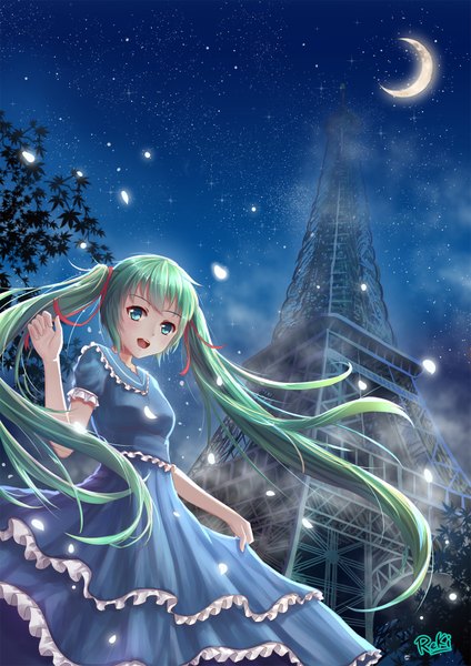 Anime picture 1400x1980 with vocaloid hatsune miku reki (lichk) single tall image looking at viewer open mouth blue eyes twintails very long hair aqua hair night crescent girl dress petals moon star (stars) tower