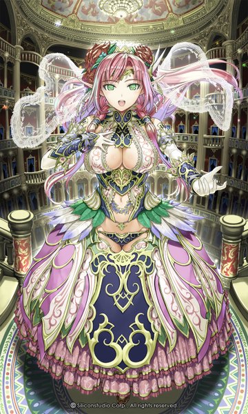 Anime picture 840x1400 with gyakushuu no fantasica nakabayashi reimei single long hair tall image breasts light erotic large breasts green eyes pink hair pointy ears girl dress gloves navel hair ornament white gloves