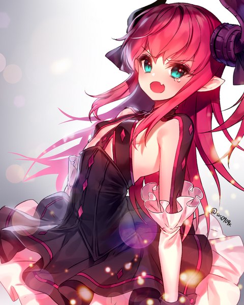 Anime picture 1200x1500 with fate (series) fate/extra fate/extra ccc elizabeth bathory (fate) (all) elizabeth bathory (fate) black joa single long hair tall image looking at viewer blush open mouth light erotic signed red hair horn (horns) aqua eyes pointy ears :o fang (fangs)