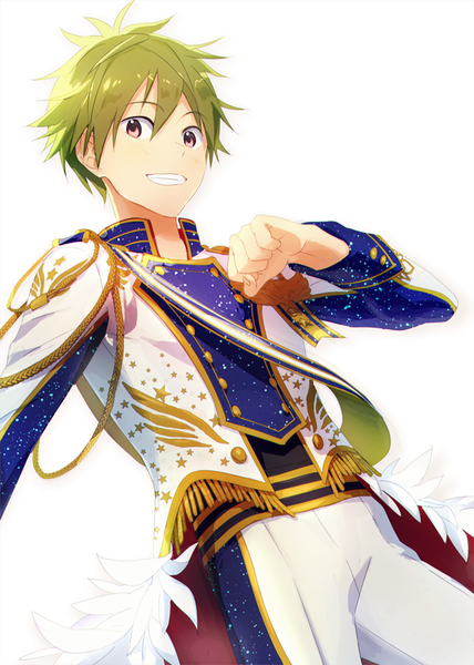 イラスト 600x840 と アイドルマスター アイドルマスターSideM akiyama hayato まっぷ ソロ 長身像 カメラ目線 短い髪 simple background 笑顔 白背景 ピンク目 green hair from below 男性