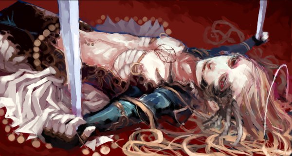 Anime picture 1120x599 with original h@ruichi long hair blonde hair red eyes wide image lying boy sword blood