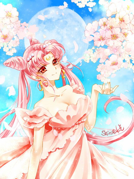 Anime picture 600x800 with bishoujo senshi sailor moon toei animation chibiusa princess usagi small lady shirataki kaiseki single long hair tall image looking at viewer blush smile red eyes twintails signed pink hair sky hair bun (hair buns) cherry blossoms turning head arched back