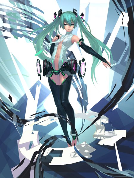 Anime picture 1500x2000 with vocaloid hatsune miku cancer (zjcconan) single long hair tall image fringe twintails aqua eyes aqua hair weightlessness girl thighhighs gloves navel black gloves necktie elbow gloves bodysuit