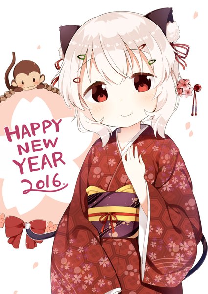 Anime picture 752x1062 with original shiro (muku) muku (muku-coffee) single tall image looking at viewer blush short hair simple background smile red eyes white background animal ears white hair tail traditional clothes head tilt japanese clothes animal tail arm up