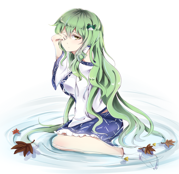 Anime picture 1194x1162 with touhou kochiya sanae takitou single looking at viewer blush fringe simple background hair between eyes white background sitting bare shoulders yellow eyes very long hair one eye closed green hair wide sleeves partially submerged wariza hand on face