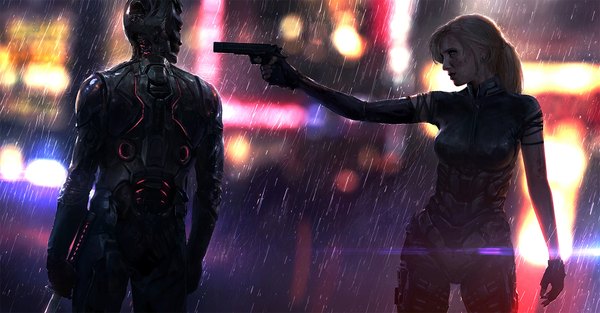 Anime picture 1920x1004 with jonas de ro (jenovah-art) long hair highres open mouth blonde hair wide image standing looking away ponytail realistic outstretched arm rain clenched teeth city lights street cyberpunk girl gloves weapon black gloves