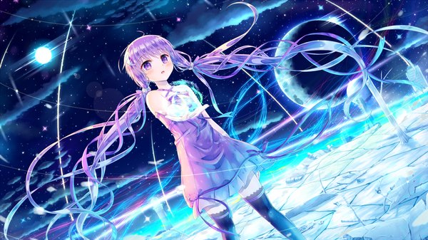 Anime picture 2100x1180 with vocaloid yuzuki yukari sakakidani single looking at viewer blush fringe highres open mouth wide image standing purple eyes twintails bare shoulders purple hair cloud (clouds) ahoge very long hair arm up wind