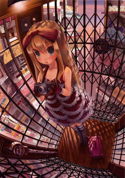 Anime picture 1200x1705 with original electric lola john hathway single long hair tall image looking at viewer blush fringe open mouth blonde hair hair between eyes brown hair standing bare shoulders full body aqua eyes from above fisheye girl