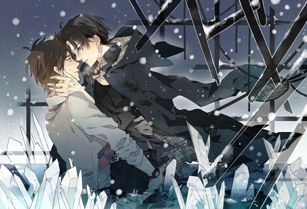 Anime picture 1163x793 with shingeki no kyojin production i.g eren yaeger levi (rivaille) tenzuki blush short hair black hair brown hair brown eyes hug snowing reflection winter snow face to face exhalation shounen ai almost kiss boy