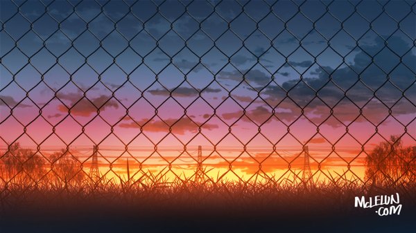 Anime picture 1280x720 with original mclelun wide image sky cloud (clouds) sunlight night night sky no people sunbeam plant (plants) tree (trees) grass sun fence power lines