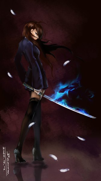 Anime picture 2251x4011 with original demon (artist) single long hair tall image looking at viewer highres blue eyes brown hair signed profile inscription glowing brown background girl thighhighs weapon black thighhighs sword katana