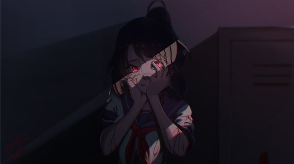 Anime picture 5939x3322 with yandere simulator yandere-chan shyua single highres open mouth smile red eyes brown hair wide image absurdres ponytail covering anaglyph hands on face covering face yandere girl uniform serafuku