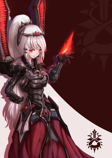 Anime picture 1654x2339 with starcraft blizzard entertainment alarak wakaura asaho single long hair tall image looking at viewer smile red eyes white hair ponytail glowing glowing eye (eyes) genderswap glowing weapon humanization girl weapon armor
