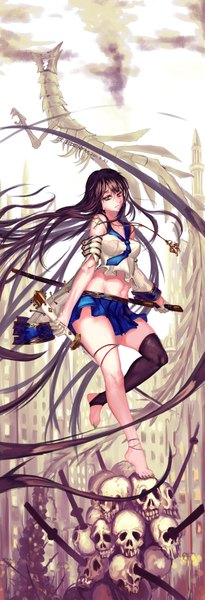 Anime picture 1284x3750 with original edenfox single tall image looking at viewer red eyes brown hair cloud (clouds) very long hair lips no shoes torn clothes girl weapon miniskirt sword necktie katana skull dragon