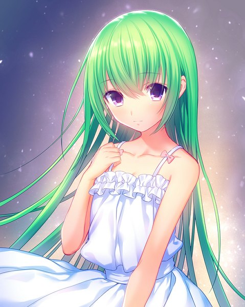 Anime picture 879x1101 with original fuji minako single long hair tall image looking at viewer fringe breasts standing purple eyes bare shoulders green hair sleeveless flat chest girl dress bow white dress