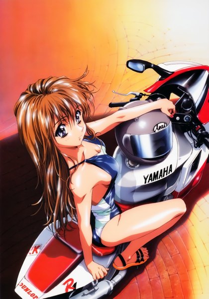 Anime picture 3922x5604 with kawarajima kou single long hair tall image looking at viewer highres blue eyes light erotic brown hair absurdres girl swimsuit helmet motorcycle motorcycle helmet