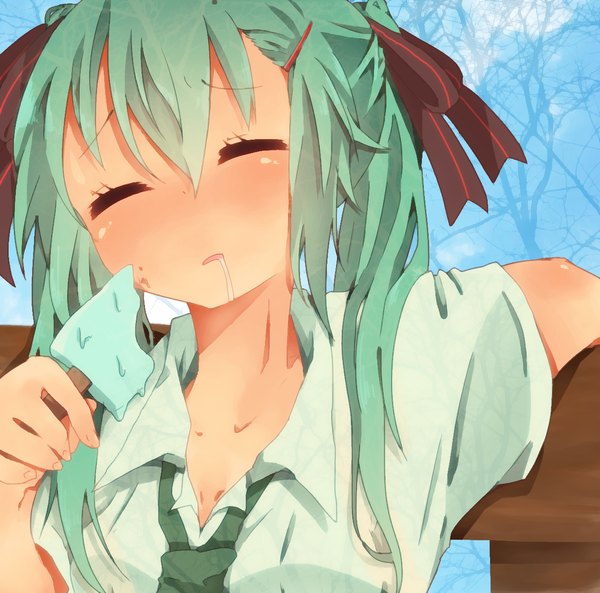 Anime picture 1250x1236 with vocaloid hatsune miku rakuiti00 single long hair blush fringe open mouth twintails eyes closed aqua hair open clothes open shirt alternate costume eating girl hair ornament shirt necktie food