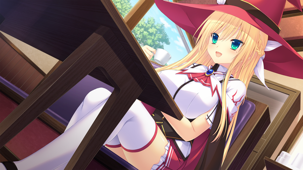 Anime picture 2048x1152 with natsu no majo no parade carol mercuris single long hair highres open mouth blue eyes blonde hair wide image sitting game cg witch girl thighhighs hat white thighhighs witch hat