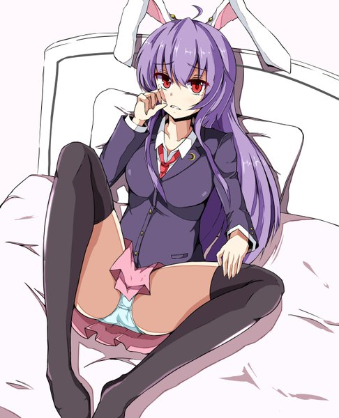 Anime picture 1200x1480 with touhou reisen udongein inaba koenza botoke single long hair tall image looking at viewer light erotic red eyes sitting animal ears purple hair ahoge bunny ears pantyshot tears pantyshot sitting frown girl thighhighs