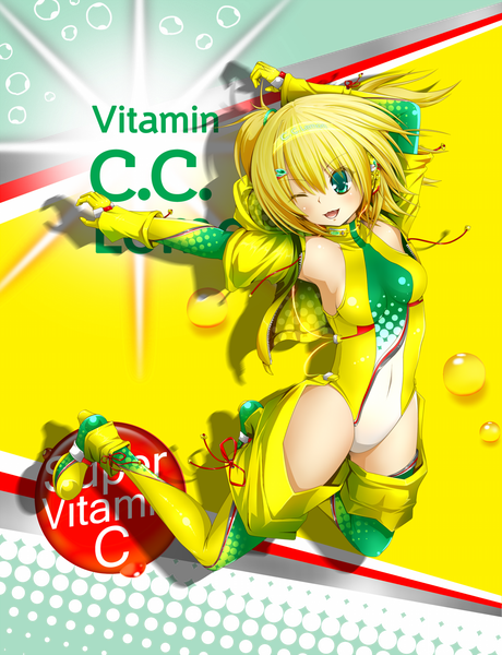 Anime picture 1200x1564 with original c.c. lemon c.c. lemon (character) arkcide (artist) single long hair tall image open mouth blonde hair smile green eyes ponytail one eye closed wink inscription armpit (armpits) jumping girl gloves hair ornament