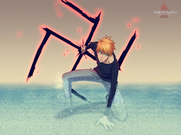 Anime picture 1500x1121 with bleach studio pierrot kurosaki ichigo ioshik single short hair blue eyes orange hair coloring magic boy water pants