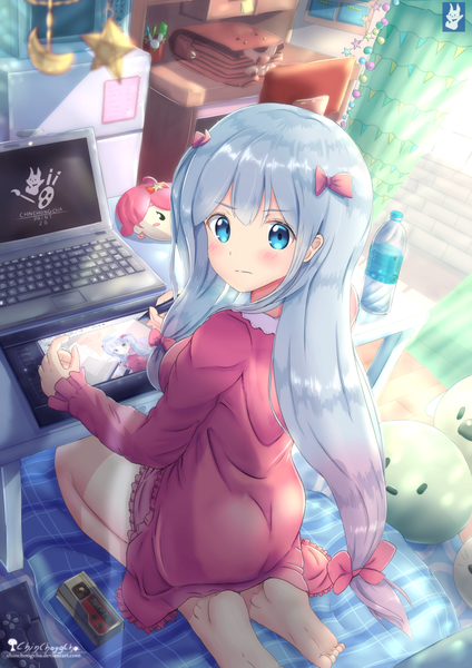 Anime picture 1024x1448 with eromanga sensei a-1 pictures izumi sagiri chinchongcha single long hair tall image blush fringe blue eyes hair between eyes sitting pink hair indoors looking back from above grey hair sunlight no shoes gradient hair