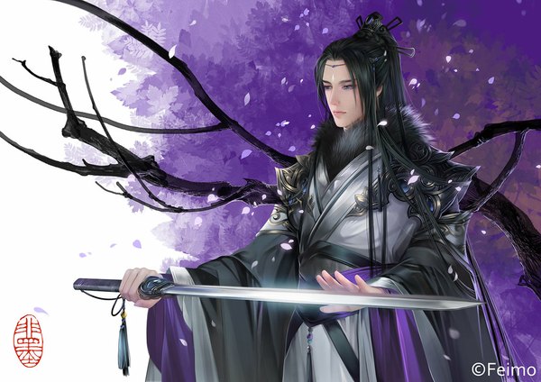 Anime picture 1024x724 with feimo single long hair black hair signed looking away ponytail traditional clothes grey eyes boy hair ornament weapon plant (plants) petals sword tree (trees) fur branch