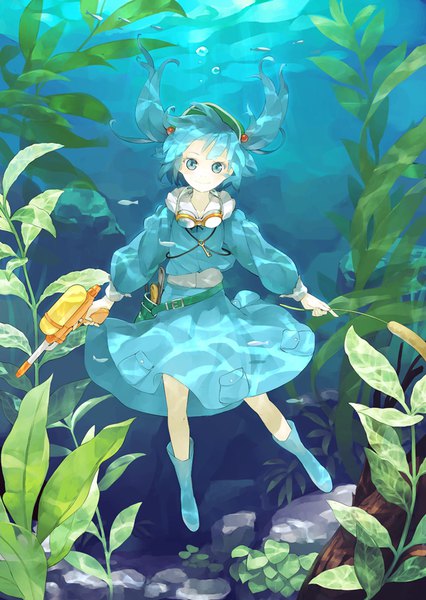 Anime picture 626x881 with touhou kawashiro nitori shihou (g-o-s) single tall image looking at viewer short hair blue eyes smile blue hair full body two side up floating hair underwater goggles around neck girl skirt hat bubble (bubbles) skirt set