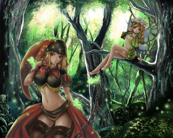 Anime picture 1280x1024 with odin sphere vanillaware mercedes (odin sphere) velvet (odin sphere) only haruka long hair blonde hair red eyes sitting multiple girls pink eyes hair flower pointy ears midriff elf insect wings butterfly wings girl hair ornament 2 girls