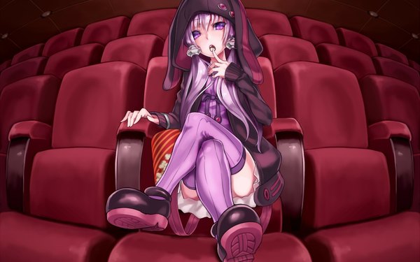 Anime picture 1680x1050 with vocaloid yuzuki yukari nakasaki hydra single long hair looking at viewer open mouth wide image sitting purple eyes twintails animal ears purple hair crossed legs low twintails eating girl thighhighs hair ornament bow