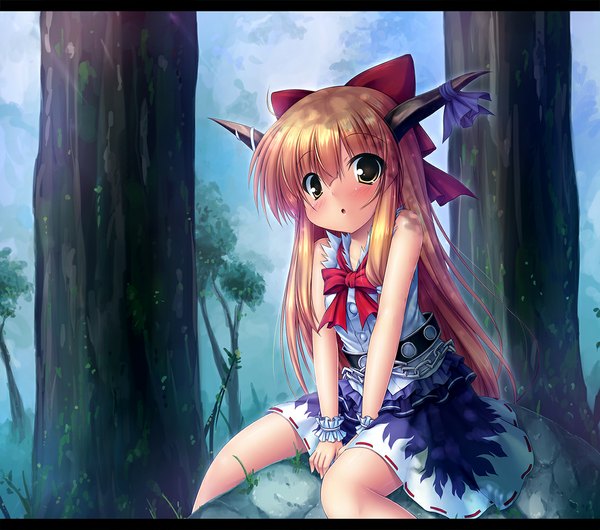 Anime picture 1132x1000 with touhou ibuki suika takeponi single long hair looking at viewer blush blonde hair yellow eyes horn (horns) girl dress bow plant (plants) hair bow tree (trees)