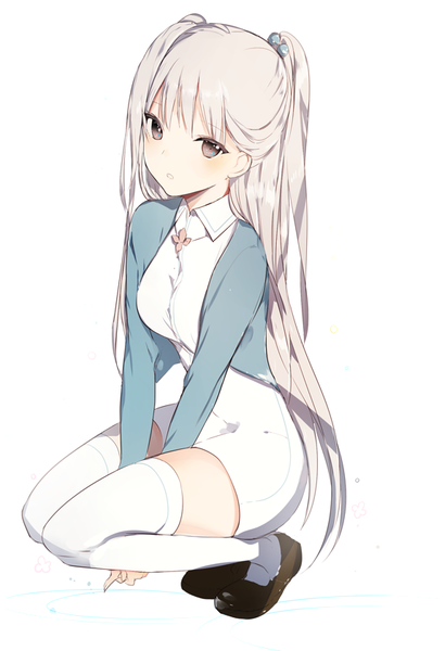 Anime picture 574x839 with original lpip single long hair tall image looking at viewer blush fringe open mouth simple background white background twintails full body head tilt grey hair open clothes grey eyes zettai ryouiki squat girl