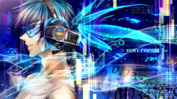 Anime picture 1600x900 with vocaloid kaito (vocaloid) yutif (artist) single short hair blue eyes wide image blue hair profile boy glasses headphones