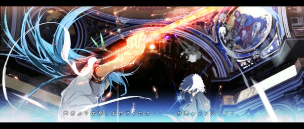 Anime picture 2838x1210 with touhou izayoi sakuya hinanawi tenshi siirakannu long hair highres short hair wide image multiple girls blue hair silver hair maid orange eyes hieroglyph girl thighhighs dress black thighhighs 2 girls hat