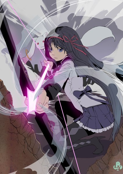 Anime picture 2480x3507 with mahou shoujo madoka magica shaft (studio) akemi homura kyuubee nanaya (daaijianglin) single long hair tall image highres blue eyes black hair red eyes pleated skirt magic glowing girl bow ribbon (ribbons) weapon hair ribbon