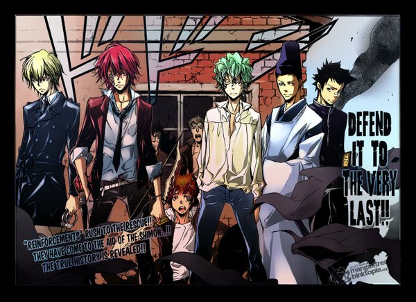 Anime picture 1411x1023 with katekyou hitman reborn shimotsuma alaude (khr) g (khr) cozart shimon asari ugetsu lampo knuckle (khr) shimon short hair open mouth black hair blonde hair red hair traditional clothes green hair tattoo border group hand in pocket