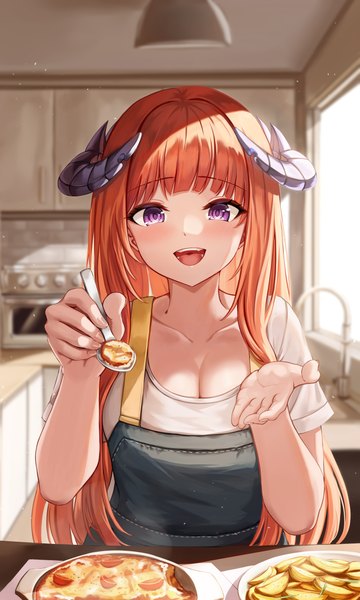 Anime picture 3000x5000 with arknights bagpipe (arknights) daisy cutter single long hair tall image looking at viewer blush fringe highres breasts open mouth sitting purple eyes upper body indoors blunt bangs :d horn (horns) orange hair