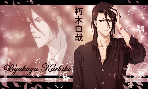 Anime picture 1280x768 with bleach studio pierrot kuchiki byakuya single long hair open mouth black hair wide image open clothes open shirt hand on head open collar boy flower (flowers) petals bracelet