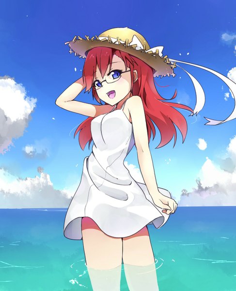 Anime picture 1219x1500 with ano natsu de matteru j.c. staff takatsuki ichika single long hair tall image open mouth blue eyes bare shoulders sky cloud (clouds) red hair girl hat water glasses