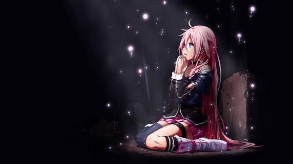 Anime picture 1920x1080 with vocaloid ia (vocaloid) single long hair highres blue eyes wide image pink hair girl thighhighs black thighhighs socks black socks